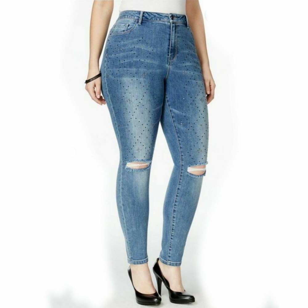 Nanette Lepore Nolita Skinny Jeans Hi-rise Rhinestone Embellished Plus S…